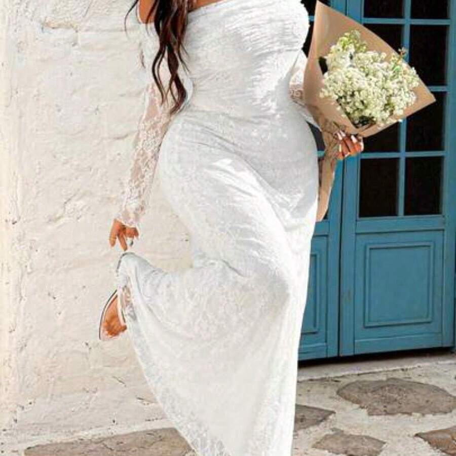 SunnyBelle Plus Size Women White Lace Off-Shoulder Mermaid Dress, Fitted Sexy Fashion, Spring/Summer - Blanco - Ver 1
