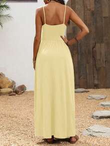 xheBreezaya Vestido casual de cuello en V tipo cami con silueta evasé amplia, estilo de playa maxi para vacaciones, conjunto de ropa de playa para mujeresxhe - Albaricoque - Ver 6