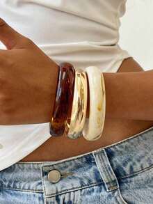 3pcs Fashionable Minimalist Round Stackable Bangle Bracelets Set, Stylish Personalized Beach Style Wristbands For Women - Brown - View 4