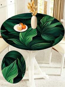 1pc Tropical Palm Leaf Tablecloth With Elastic Band, Polyester Hawaiian Green Leaf Round Tablecloth For Kitchen, Dining Room, Party, Patio Table - A - View 12