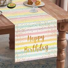1pc Birthday Theme Table Runner, 2 Designs Available: Colorful Sprinkle Print With Pink Trim Or Soft Rainbow Stripe Print With "Happy Birthday" Text In Gold, Made Of 100% Polyester, Multiple Sizes, Machine Washable, Heat Resistant, Stain Resistant, Waterproof, Easy To Clean - Multicolor - View 8