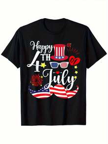 Camiseta Gráfica Patriótica de Moda para el Cuarto de Julio - Estampado de Estrellas y Rayas en Negro, Rojo, Blanco y Azul, Unisex, Casual, de Manga Corta y Cuello Redondo, Lavable a Máquina, Regalo para Fiestas de Vacaciones. - Negro - Ver 1