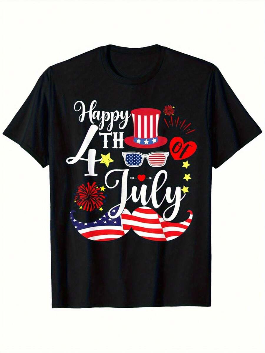 Camiseta Gráfica Patriótica de Moda para el Cuarto de Julio - Estampado de Estrellas y Rayas en Negro, Rojo, Blanco y Azul, Unisex, Casual, de Manga Corta y Cuello Redondo, Lavable a Máquina, Regalo para Fiestas de Vacaciones. - Negro - Ver 1