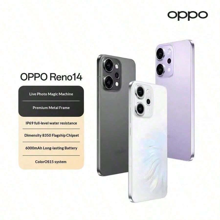 Lenovo OPPO Reno14 New High-Definition Telephoto Live, All-New Small Direct Screen Live Image, AI Photography 5G Smartphone, IP69 Waterproof, 12GB+256GB - Multicolor - View 1