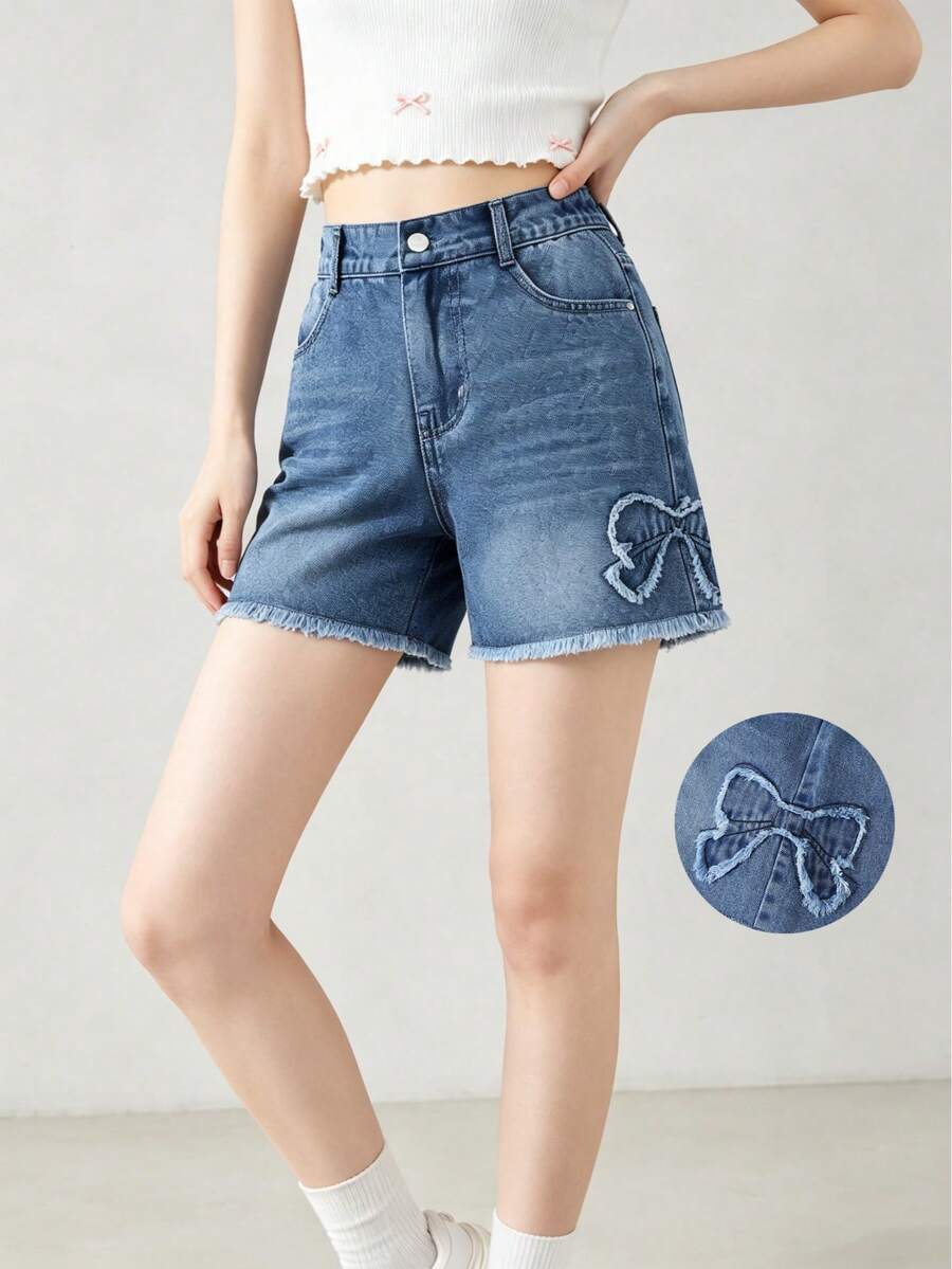 1件女童休闲宽松蝴蝶结做旧刺绣复古浅色水洗牛仔短裤，适合外出、聚会、夏季穿着 - 淺色水洗藍 - 查看 1