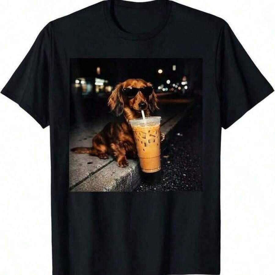 Funny Dachshund Drinking Iced Coffee Cute Dog Meme Humor T-Shirt - màu đen - Xem 1