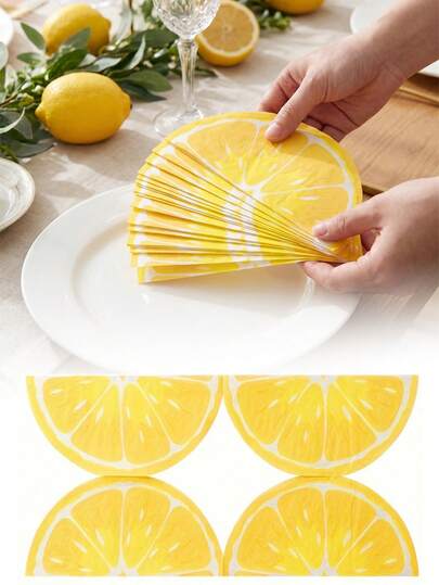 40pcs Lemon Pattern Disposable Paper Napkins, Semi-Circle Orange Square Tissue Paper, Lemon Print Decorative Napkins, Suitable For Outdoor Weddings, Engagement Parties, Personalized Weddings, Summer Tropical Parties, Home Hotels, Wedding Table Decor, Birthday Parties