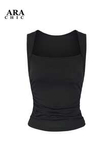 Áo tank top nữ ARA CHIC màu đen cổ vuông, xếp ly eo, ôm sát, đa năng cho mùa hè, hàng mới về. - màu đen - Xem 8