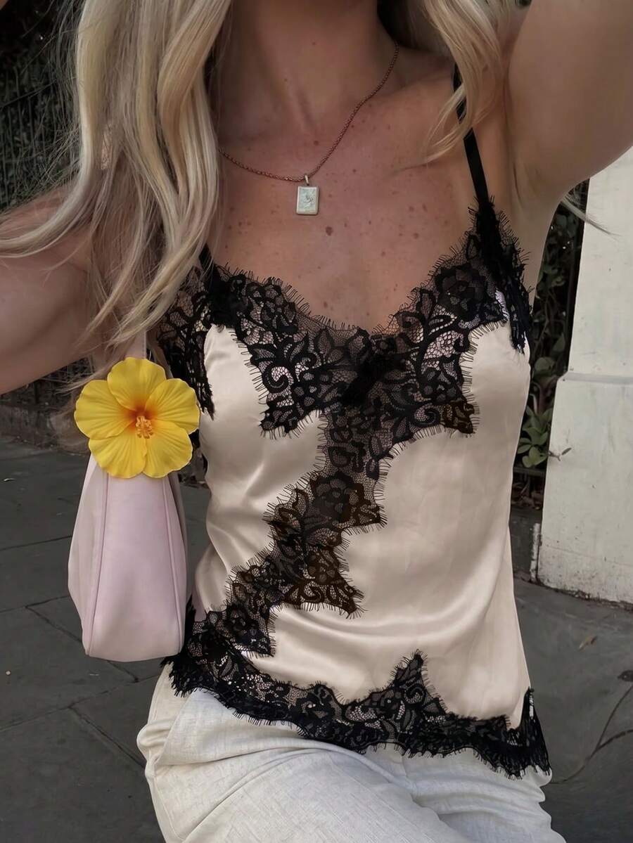 Contrast Color Patchwork Lace Asymmetric Hem Camisole Summer - Apricot - View 1