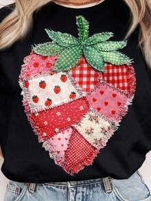 Retro Quilted Strawberry Print T-Shirt - Short-Sleeved Crew Neck Casual Top, Lightweight And Breathable, Suitable For Spring And Summer Wear, Machine Washable, Brightly Colored Printed Short-Sleeved Shirt | Spring Everyday Wear Tropicoqueta Outfits - 黑色 - 查看 5
