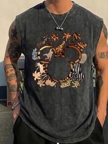 Disney Safari Animal Print Washed Sleeveless Tank Top, Mickey & Friends Wild Kingdom Graphic Tee, Vintage Oversized Casual Muscle Shirt, Perfect For Theme Park Trips & Fans - 黑色 - 查看 3