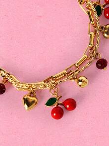 Popjeli 1pc Asymmetrical Shell Bracelet, Vibrant Red Cherry & Apple Shaped Charm, Versatile Daily Wear Bracelet/Anklet, Multiple Styles - Thick Chain-gold - View 6