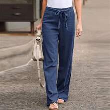 Pantalones largos lisos para mujer, pantalones informales holgados de algodón y lino con cordones, pantalones de pierna ancha con cintura elástica, ropa de calle para mujer, Pantalones rectos - azul profundo - Ver 6