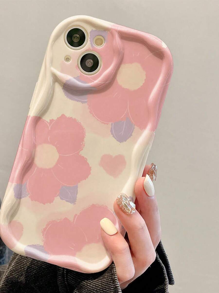 1 chiếc ốp lưng bảo vệ thiết kế hình trái tim và hoa, tương thích với iPhone 14/13/12 Pro Max/11, ốp silicon chống sốc. - Hồng - Xem 1