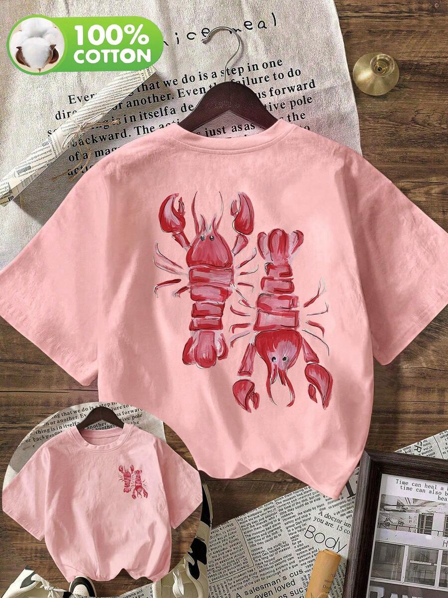 Women's Casual Watercolor Lobster Print Round Neck Short Sleeve T-Shirt, Suitable For Spring, Summer And Autumn Pink - Pink - View 1