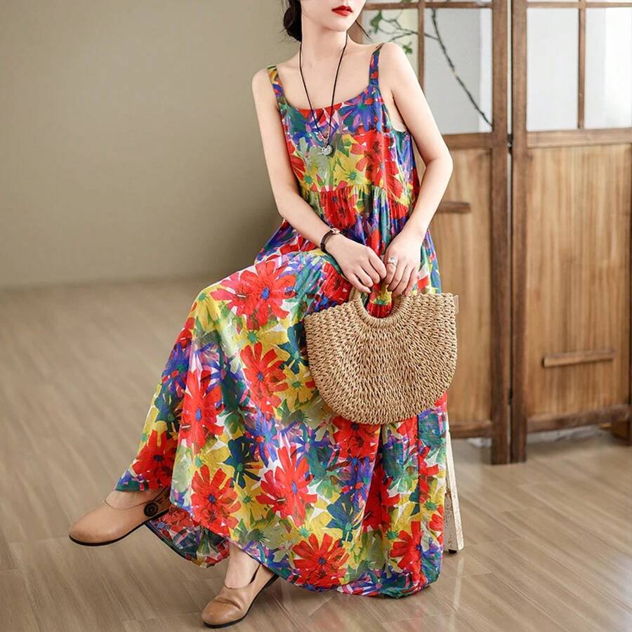 Vestido largo holgado de algodón y lino, cintura alta, fino y cómodo, talla grande, vestido estampado con tirantes para mujer... - 91711 color de la imagen - Ver 1