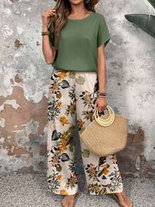 Set de 2 piezas de top de cuello redondo casual y pantalones sueltos para mujer, conjunto versátil adecuado para primavera y otoño - Multicolor 2 - Ver 1