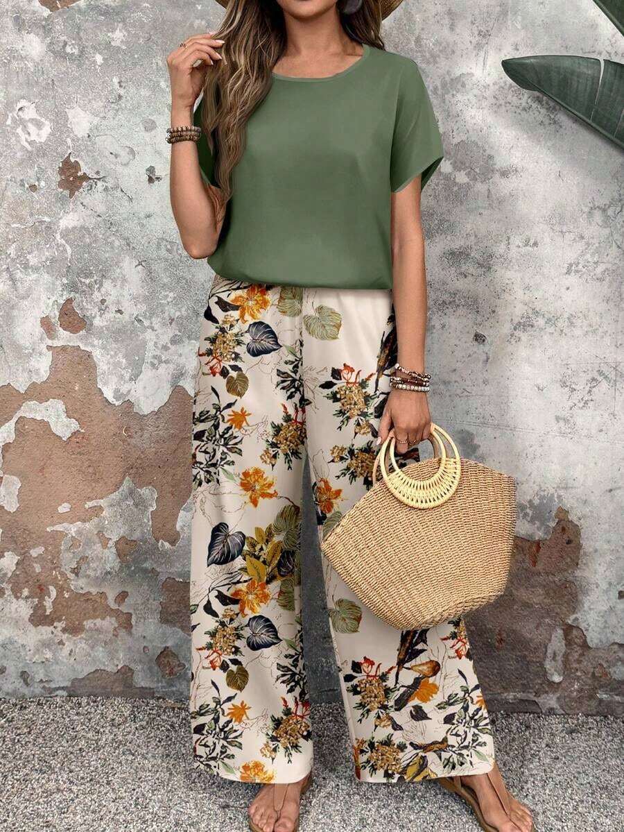Set de 2 piezas de top de cuello redondo casual y pantalones sueltos para mujer, conjunto versátil adecuado para primavera y otoño - Multicolor 2 - Ver 1