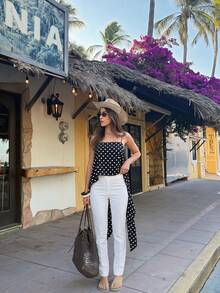 Women's Polka Dot Asymmetrical Hem Cami Top, Tie Back Spaghetti Strap Woven Tank For Summer Vacay - Black and White - View 4