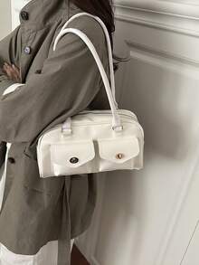 1pc Minimalist Retro Zipper Decor Shoulder Strap Pocket Handbag, Suitable For Women's Casual And Work Use - White - View 5