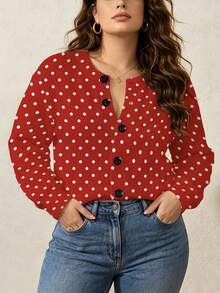 ASHKATIA Plus Size Women's Red Polka Dot Pattern Old Money Vintage Style Long Sleeve Cardigan Vacation - Multicolor - View 12