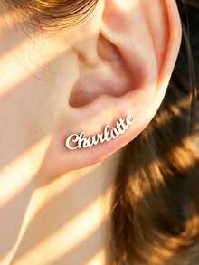 1 Pair Customizable English Letter Engraved Earrings, Personalized Stainless Steel Earrings Suitable For Men And Women, Custom Earring Gift - Silver - View 4