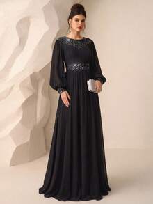 UNITHORSE Round Neck Lantern Sleeve Waist Cinched Sequin Patchwork Chiffon Evening Gown - Black - View 2