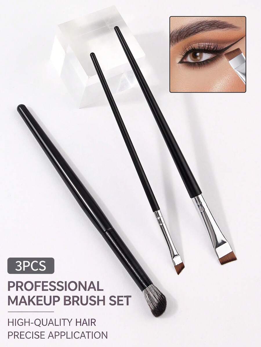 3PCS Professional Makeup Brush Set,Black Handle With Silver Ferrule Brushes For Eyeshadow,Eyebrow&Eyebrow Line,High-Quality Hair For Precise Application