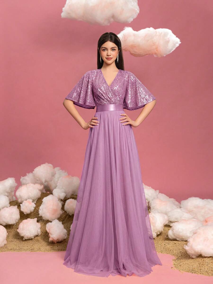 ALISA&LEO Gaun Formal Anak Perempuan Berpayet dengan Lengan Berkerut dan Rok Tulle Model A-Line, Sempurna untuk Prom, Pesta Malam, Kontes Kecantikan, dan Pesta.