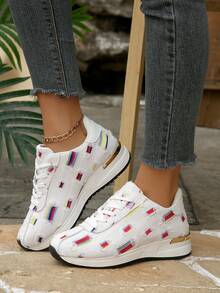 Women's Rainbow Striped Distressed Chunky Sneakers, Fashion New Lace-Up Low-Top Casual Sports Shoes, Soft Sole Comfortable Lightweight Outdoor Casual Trainers, Versatile For All Seasons - White - View 2