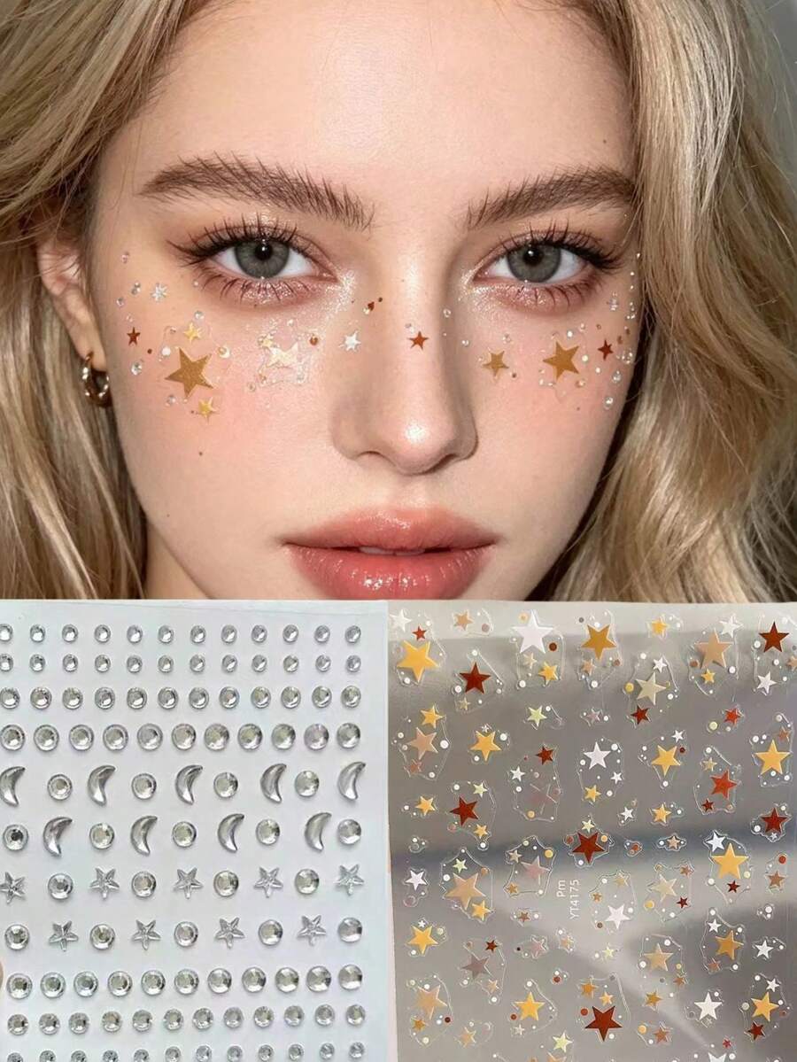 1pc Music Festival Essential! Face Rhinestones + Star Moon European And American Style Stage Makeup Jewel Stickers, Create Atmosphere For Stage Makeup - Multicolor - View 1