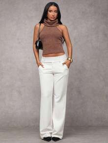 Pantalones casuales de unicolor y talle bajo para mujer - Blanco - Ver 3