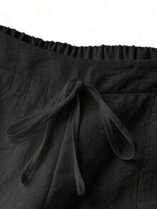 Pantalones casuales de mujer  con textura de lino blanco tipo francés, de flujo suave con bolsillos, para primavera/verano - Negro - Ver 6