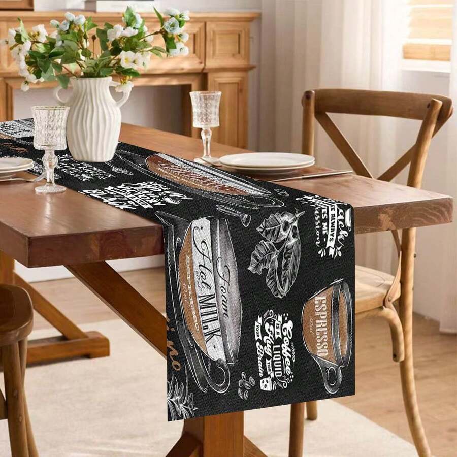 1/25pcs Chalkboard Coffee Pattern Printed Linen Table Runner, Suitable For Holiday Parties, Birthday Dinners, Kitchen And Dining Room Decor, Furniture And Home Textile Decoration. It Is A Multi-Purpose Home Decor Item Suitable For All Seasons, Perfect For Party And Holiday Decorations, As Well As A Great Gift For Parents And Friends. - Multicolor - View 1