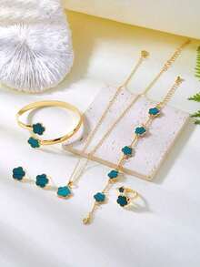 6pcs Vintage Gold Plated Carved 5-Petal Flower Pendant Necklace Bracelet Ring Earrings Jewelry Set For Women [Random Tassel - Green 2 - 查看 11