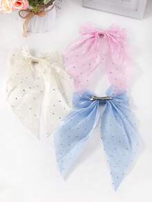 6pcs Random Solid Color Rhinestone Mesh Bow Hair Clips, Elegant Long Tail Big Size Hairpins, Cute Girl Princess Hair Accessories For Daily Wear And Party - Multicolor - View 4