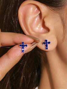 1 par de pendientes de cristal brillante, adecuados para usar en fiestas - Plata y azul - Ver 1