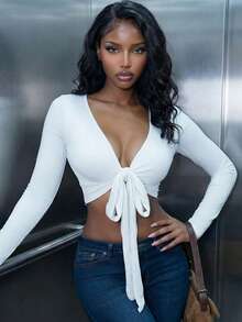 Women's Casual Solid Color Stretchy Deep V-Neck Fitted Cropped Long Sleeve Top, Suitable For Summer And Spring White - White - View 4