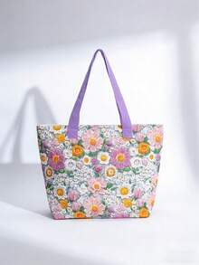 1 Pc Floral Embroidered Tote Bag, Large Capacity Canvas Shoulder Bag With Purple Handle, Cute Aesthetic Handbag ,Lightweight Shopping Bag For School Beach Grocery Daily Holiday - Mauve Purple - View 1