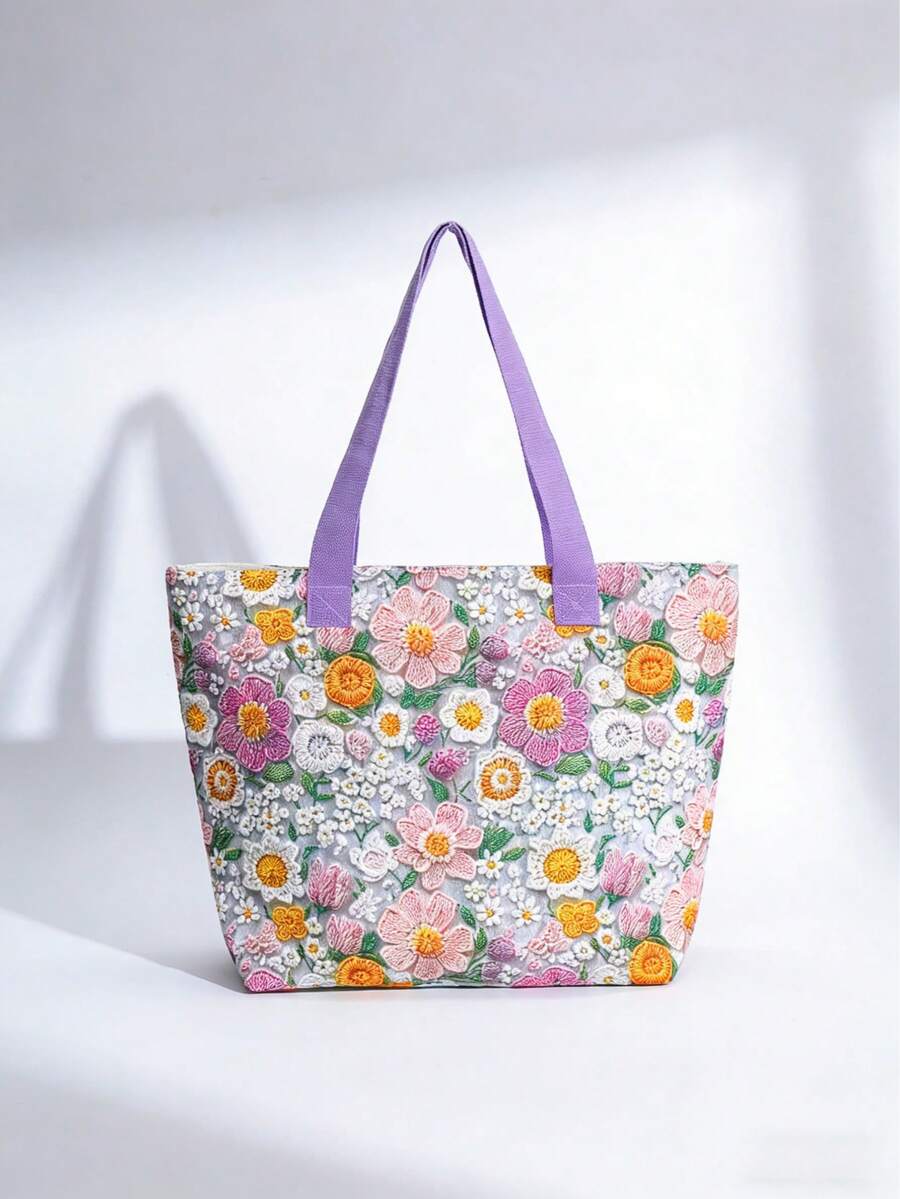 1 Pc Floral Embroidered Tote Bag, Large Capacity Canvas Shoulder Bag With Purple Handle, Cute Aesthetic Handbag ,Lightweight Shopping Bag For School Beach Grocery Daily Holiday - Mauve Purple - View 1