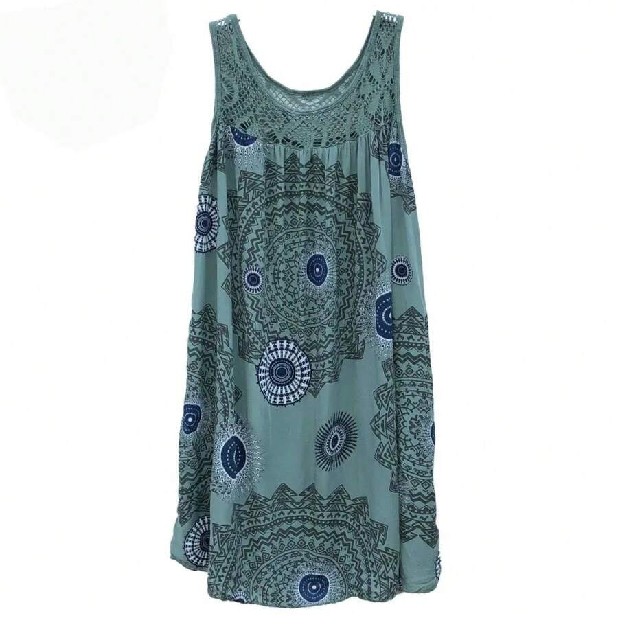 Ropa de mujer, vestido camisola sin mangas de verano con estampado de encaje sin mangas, vestido sexy holgado con vuelo grande, falda larga de talla grande - Verde militar - Ver 1
