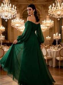 New Women's Off-The-Shoulder Dress - Chiffon Long-Sleeve Gown With Train - Dark Green - View 3