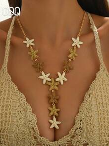 OOQ 1pc Summer Vacation Style Starfish & Seashell Raffia Y-Shaped Necklace, Elegant Sweet Elegant Beach Party Necklace For Women, Suitable For Daily, Holiday Outfits, Any Festival Gift (Handmade Raffia Weaving, Random Direction & Shape) - Brown - View 1