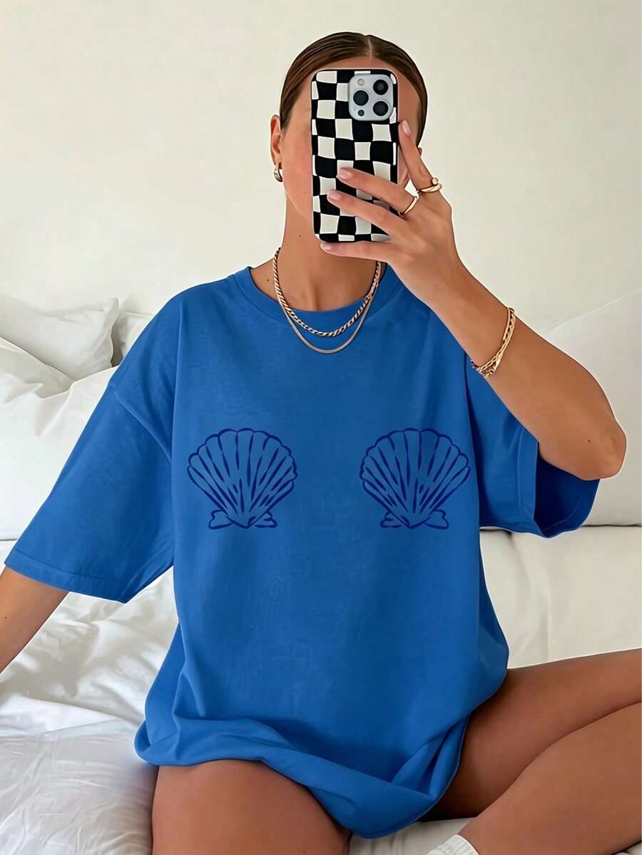 Women's Tropical Shell Print Casual T-Shirt - High Elasticity Top,Summer Beachwear, All-Season Comfortable Fit, Vacation Outfits For Women - 藍色 - 查看 1