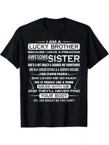 Men's Plus Size Christmas T-Shirt, From Sister To Brother: "I'm A Lucky Brother", Black Cotton, Gift For Men, Dads And Friends, Plus Sizes For Men L-3XL, 4XL, 5XL, 220g - 黑色 - 查看 1