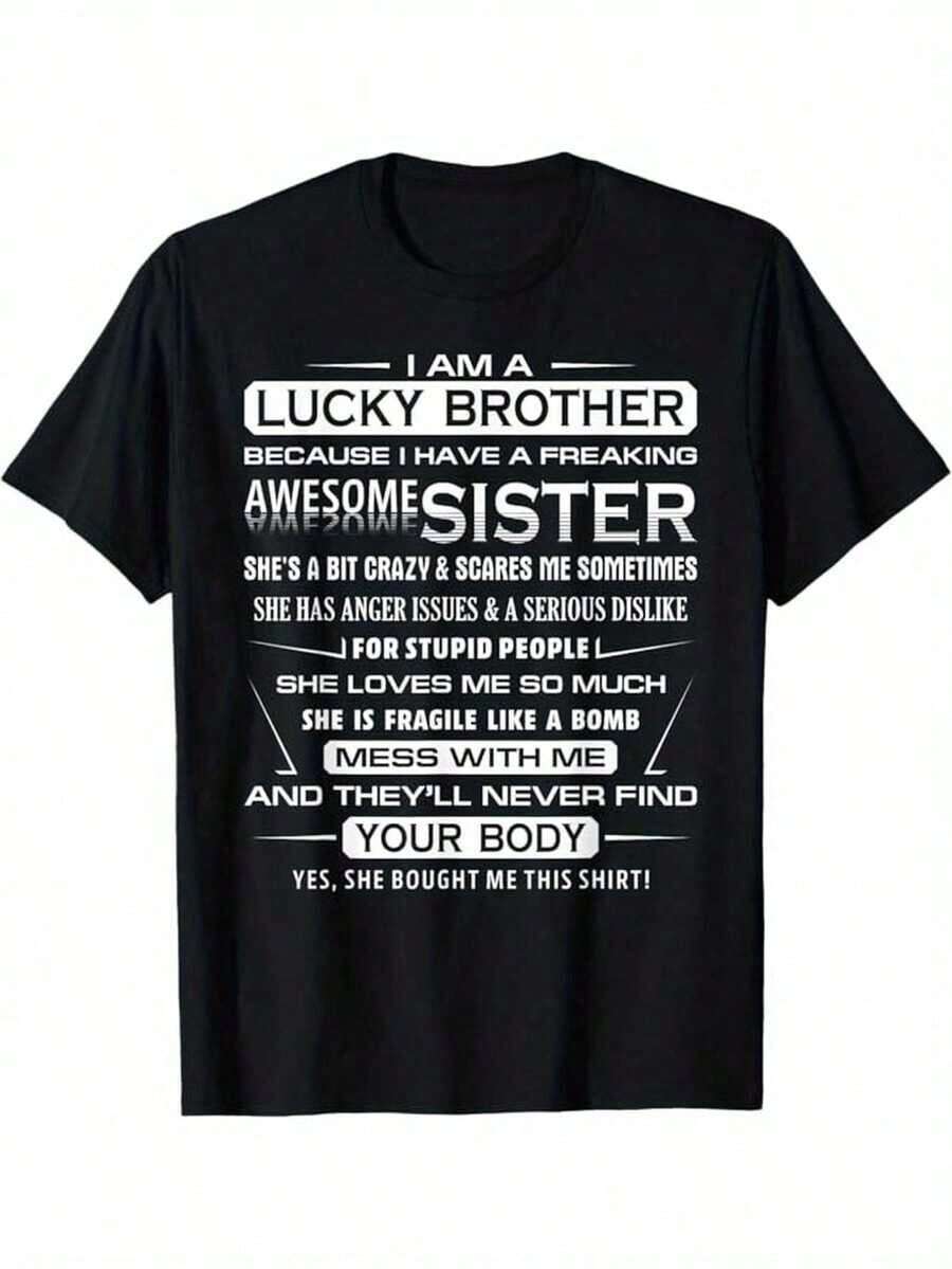Men's Plus Size Christmas T-Shirt, From Sister To Brother: "I'm A Lucky Brother", Black Cotton, Gift For Men, Dads And Friends, Plus Sizes For Men L-3XL, 4XL, 5XL, 220g - 黑色 - 查看 1