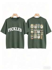 [Olive Green Sweatshirt] Soft Olive Green Crewneck Sweatshirt |     PICKLES Letter Print & Pickle Jar Graphic - Mid-Stretch Fabric, Machine Washable - 綠色2 - 查看 4