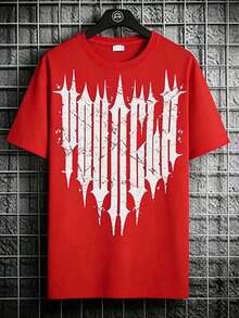 Short-Sleeve Pure Cotton T-Shirt With Black Flag Name And Location Print: Casual Comic Cut, Gothic Style, Crew Neck, Spring/Summer Style, Bold Design, Comfortable Fabric, Urban Fashion, Breathable Material, A Must-Have For Streetwear Lovers, Perfect For Occasions Like Easter, Halloween, Thanksgiving, Etc. 100% Cotton - 紅色 - 查看 6