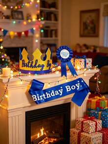 3pcs Birthday Men's Crown, Belt And Badge Set, Gold Glitter Crown, Blue Satin Belt, Badge Pin, Suitable For Adult Men's Birthday Party, Photo Props, Celebration Supplies - A - View 4