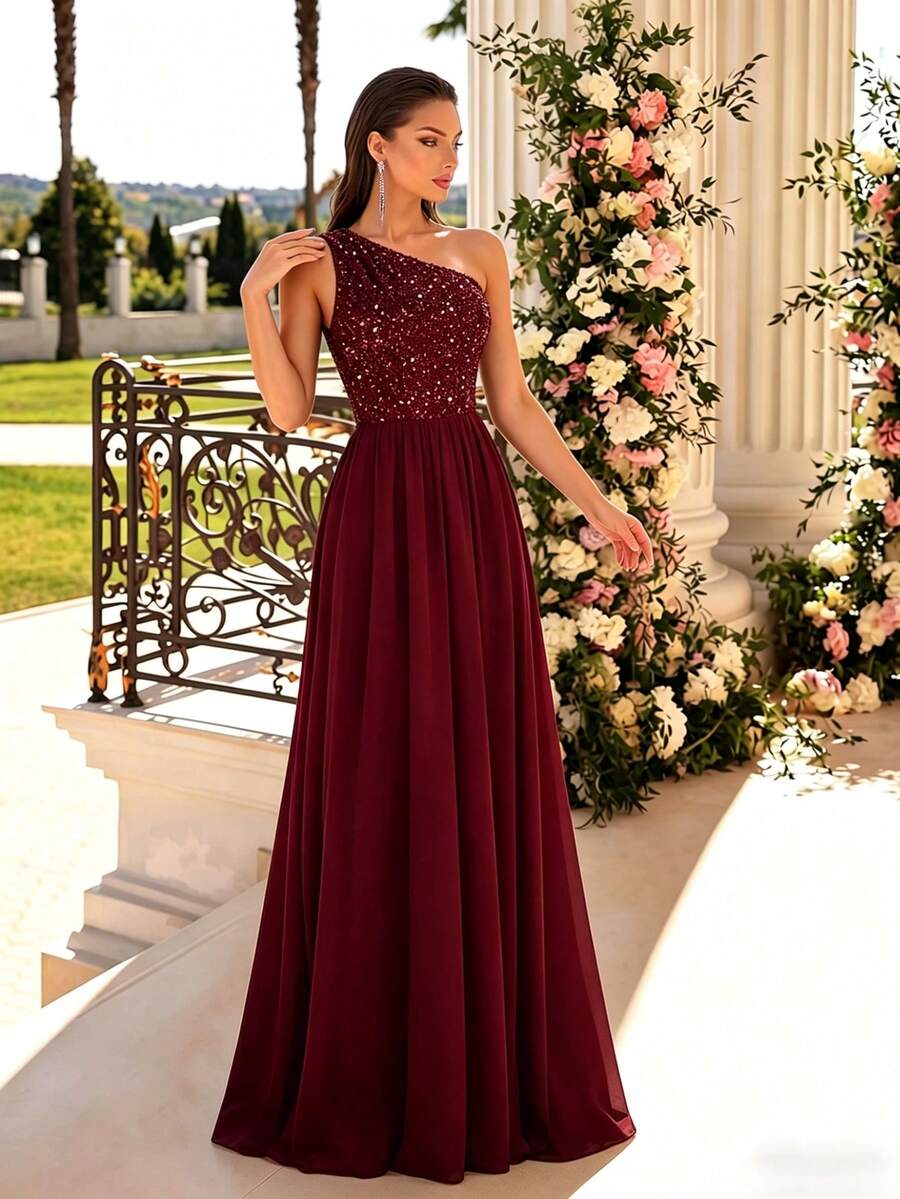 Đầm dạ hội dài ôm sát, xẻ tà, phối lưới đính sequin gợi cảm dành cho nữ, thích hợp cho kỳ nghỉ, du lịch hoặc mùa xuân. - Màu Đỏ Sâu - Xem 1